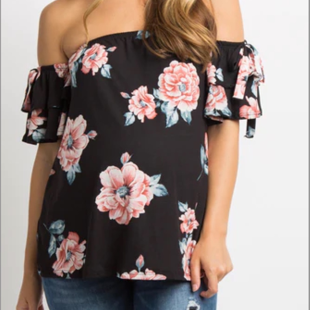 NWT Pinkblush Black Floral Layered Sleeve Tie Maternity Top Size Medium
